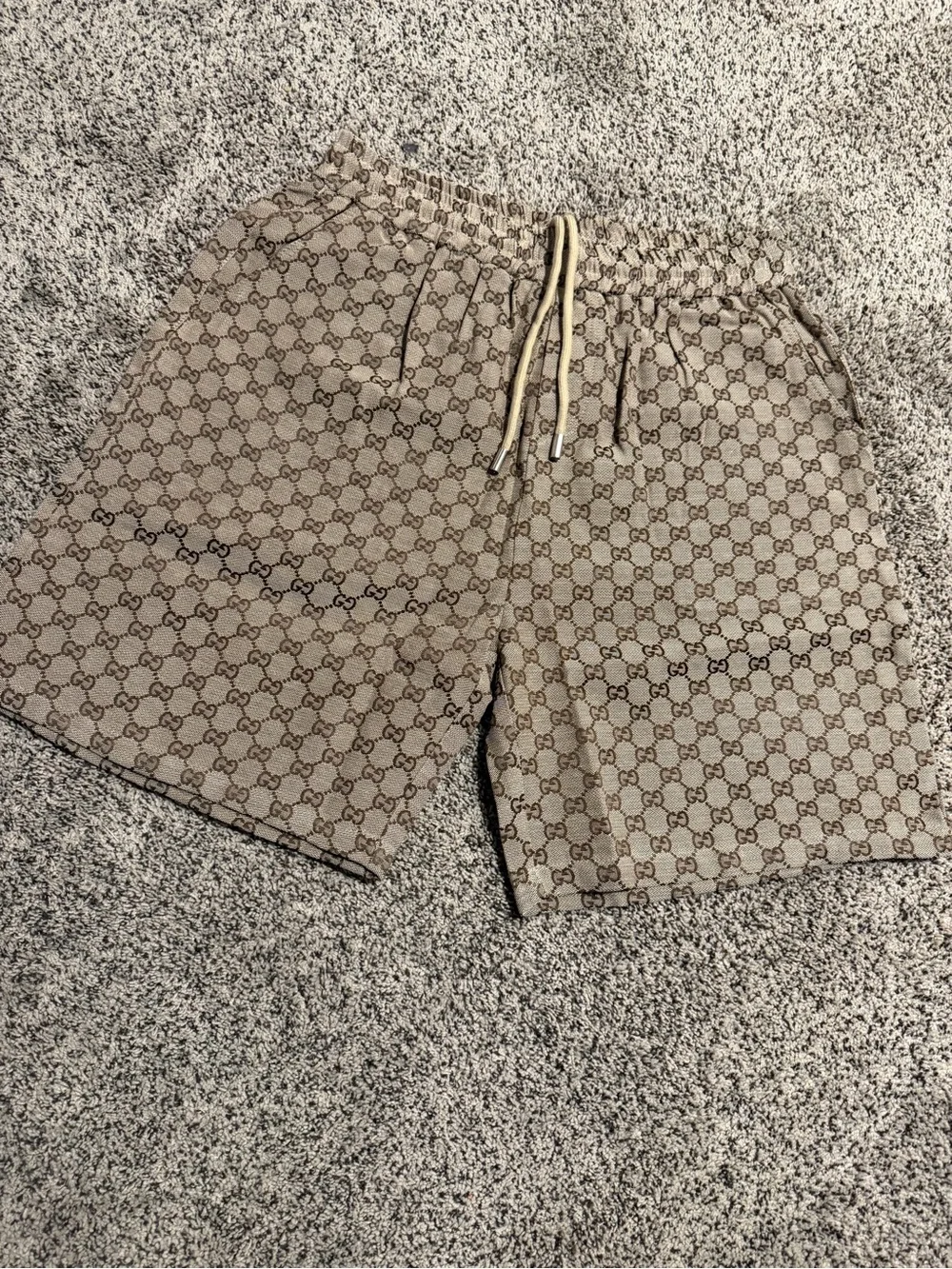Gucci Beige and Brown Monogram Drawstring Shorts